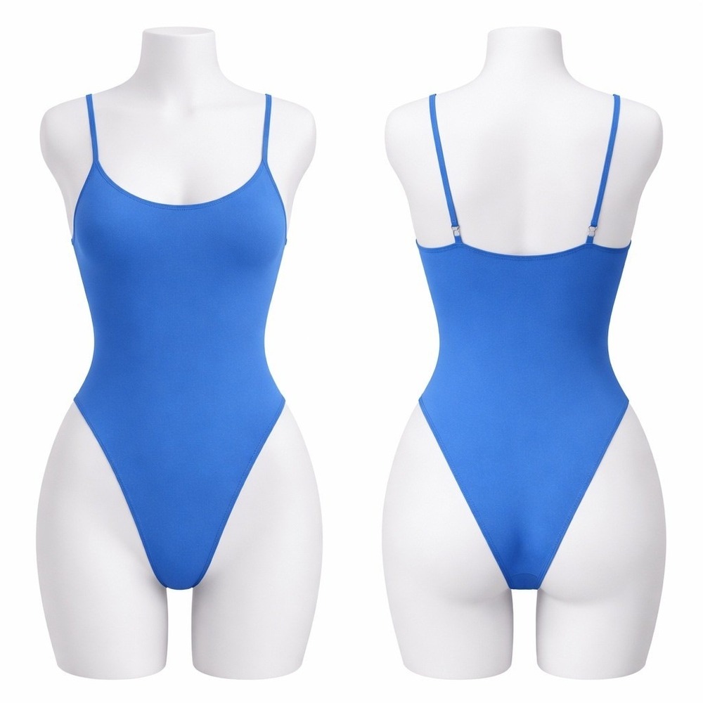 High Leg Cheeky Blue One Piece Swimsuit NEW Minimalist Adjustable Strap-‎ MED